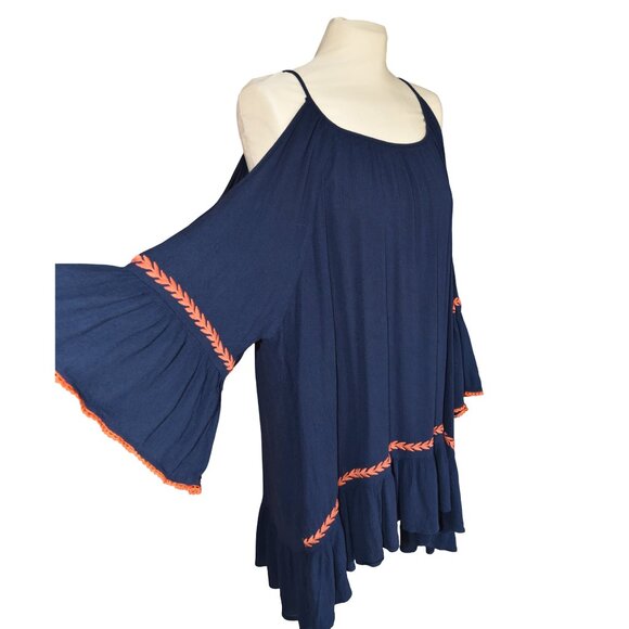 Umgee Navy Blue Embroidered Cold Shoulder Dress L | Boho Festival Ruffle Hem - Picture 1 of 9